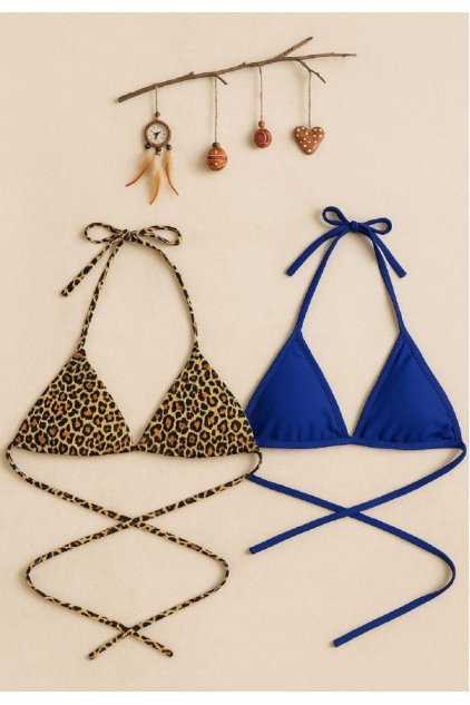 Kadın Leopar Desenli ve Mavi Minimal Kesim Üçgen Bikini Üstü
