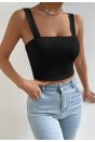 Kadın Siyah Kare Yaka Kalın Askılı Dekolteli Crop Top Bluz