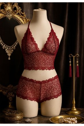 Kadın Bordo Dantel Bralet Şort Takımı – Asil ve Sofistike İç Giyim