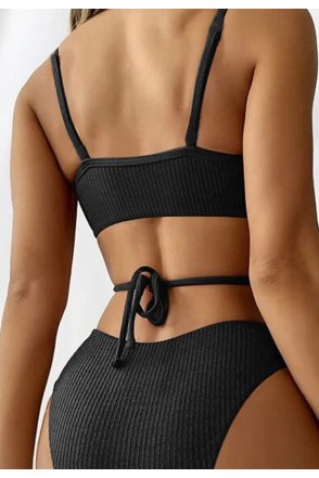 Kadın Siyah Çapraz Bağlama Detaylı Yüksek Bel Bikini Takımı