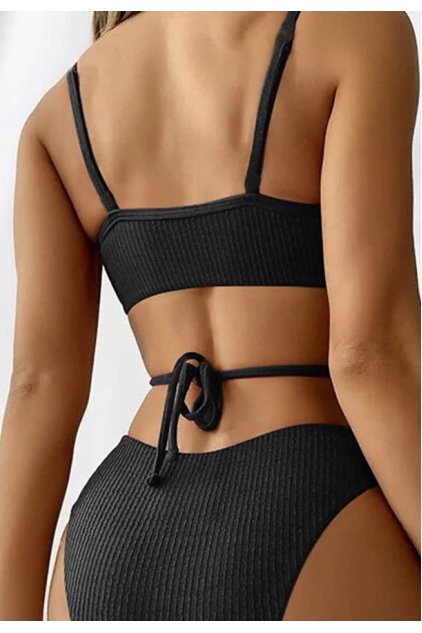 Kadın Siyah Çapraz Bağlama Detaylı Yüksek Bel Bikini Takımı