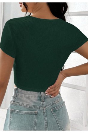 Kadın Yeşil Yarım Kol Düz Yaka Crop Top Bluz