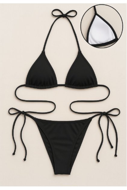 Kadın Siyah Yandan ve Boyundan Bağlamalı Bikini Mayo Takımı