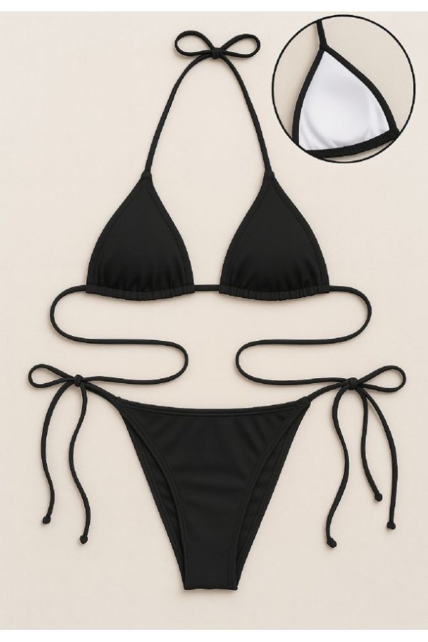 Kadın Siyah Yandan ve Boyundan Bağlamalı Bikini Mayo Takımı