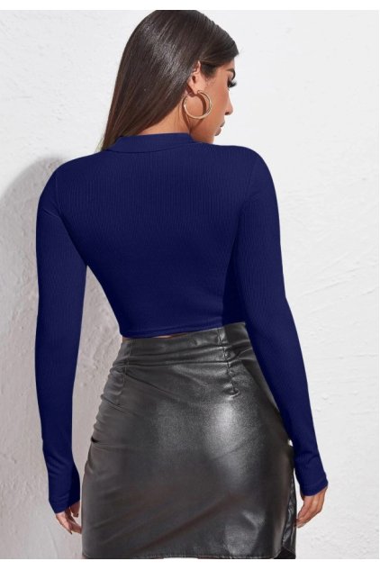 Kadın Lacivert Göğüs Dekolteli Uzun Kollu Cut Out Crop Top Bluz