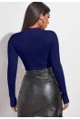 Kadın Lacivert Göğüs Dekolteli Uzun Kollu Cut Out Crop Top Bluz