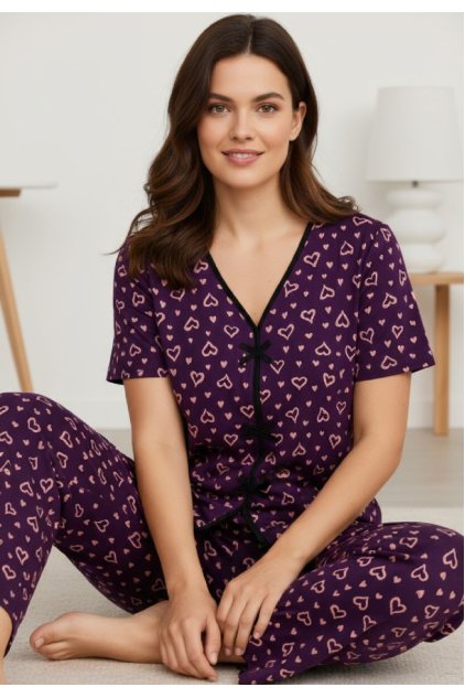 Kadın Mor Kalp Desenli Fiyonklu Kısa Kollu Uzun Pijama Takımı