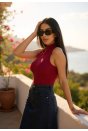 Kadın Bordo Kolsuz Balıkçı Yaka Basic Bluz