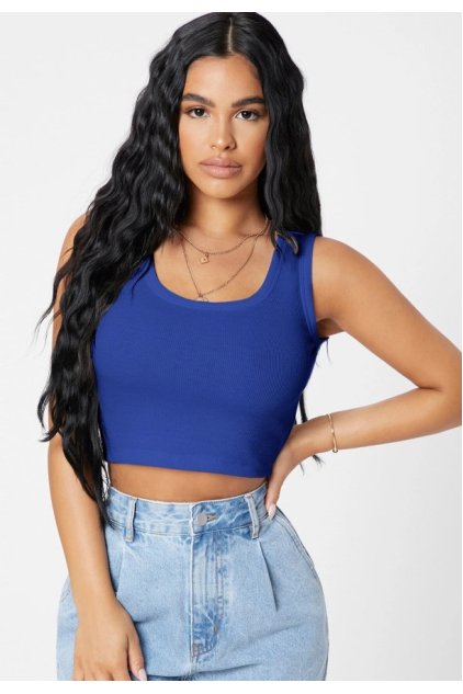 Kadın Lacivert Kare Yaka Crop Top Bluz