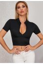 Kadın Siyah Yarım Fermuarlı ve Kısa Kollu Crop Top Bluz
