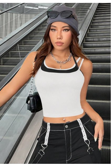 Kadın Siyah Beyaz Çift Renk Çapraz Askılı Crop Top Bluz