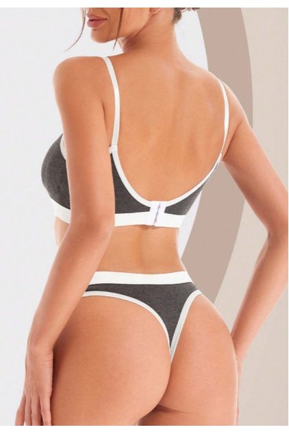 Kadın Gri Antrasit Kaşkorse ve Beyaz Lastikli Cut-Out Tanga Külotlu Takım