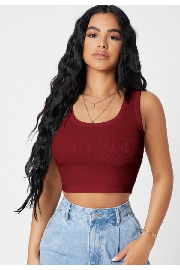 Kadın Bordo Kare Yaka Crop Top Bluz