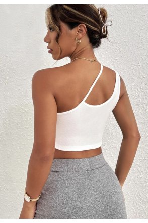 Kadın Beyaz Tek Omuzlu Çapraz Askılı Crop Top Büstiyer
