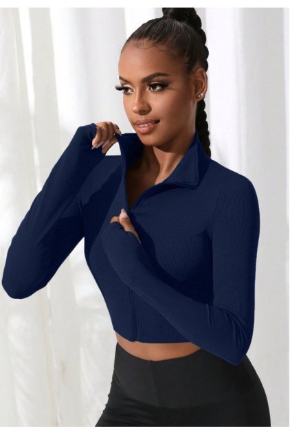 Kadın Lacivert Uzun Kol Fermuarlı Parmak Geçme Detaylı Dik Yaka Crop Top Bluz