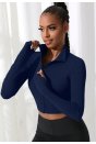 Kadın Lacivert Uzun Kol Fermuarlı Parmak Geçme Detaylı Dik Yaka Crop Top Bluz