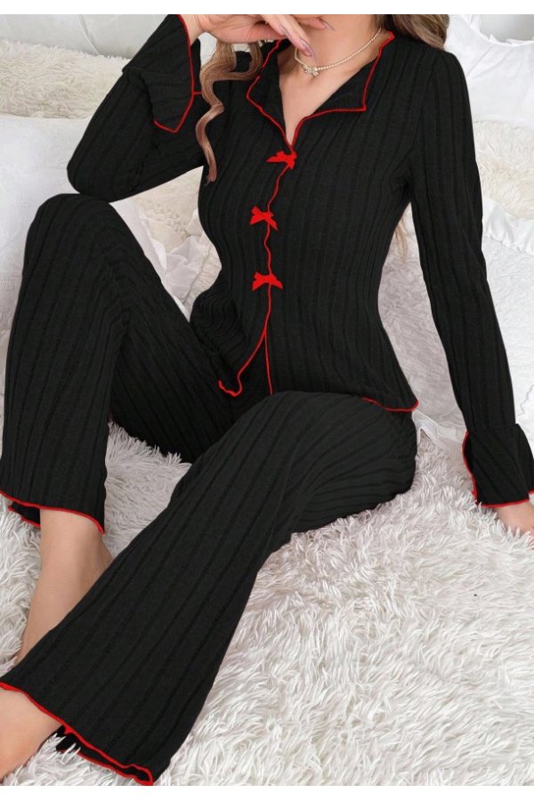 Kadın Siyah Kırmızı Biyeli ve Fiyonklu Uzun Kollu Mevsimlik Pijama Takımı