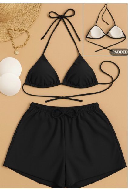 Kadın 3'lü Set Siyah Şortlu ve Yandan Bağlamalı Bikini Mayo Takımı