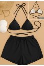 Kadın 3'lü Set Siyah Şortlu ve Yandan Bağlamalı Bikini Mayo Takımı