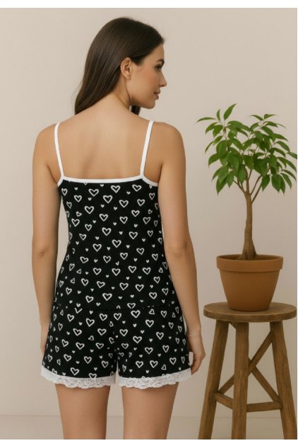 Kadın Siyah Kalp Desenli Askılı Şortlu Dantelli Pijama Takımı