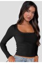 Kadın Siyah Kare Yaka Dantelli Uzun Kollu Crop Top Bluz