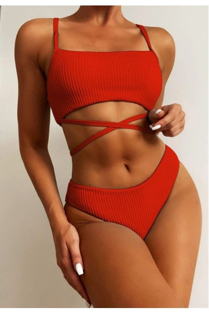 Kadın Kırmızı Çapraz Bağlama Detaylı Yüksek Bel Bikini Takımı