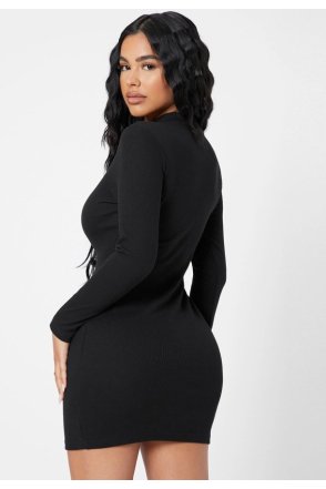 Kadın Siyah Kaşkorse Balıkçı Yaka Uzun Kollu Bodycon Mini Elbise