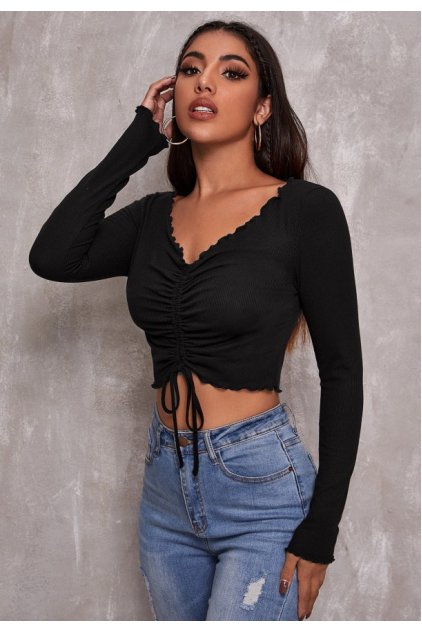 Kadın Siyah Uzun Kollu Büzdürme Bağcık Detaylı Crop Top Bluz