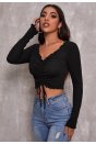 Kadın Siyah Uzun Kollu Büzdürme Bağcık Detaylı Crop Top Bluz
