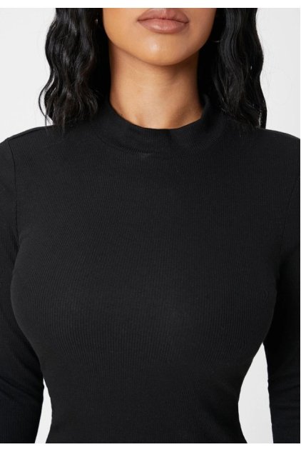 Kadın Siyah Kaşkorse Balıkçı Yaka Uzun Kollu Bodycon Mini Elbise