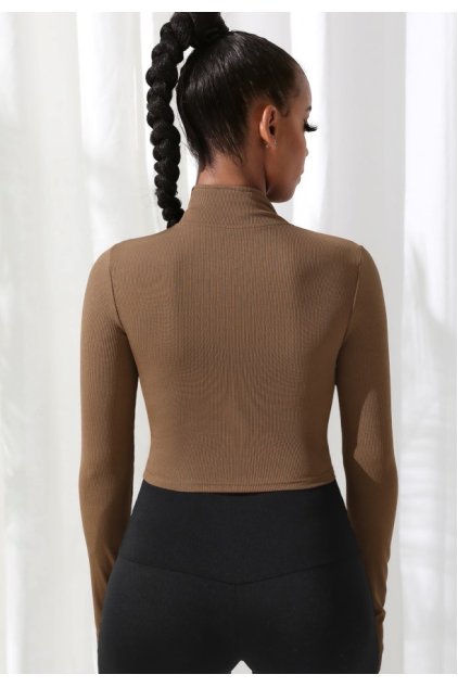 Kadın Kahverengi Uzun Kol Fermuarlı Parmak Geçme Detaylı Dik Yaka Crop Top Bluz