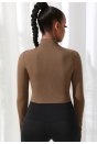 Kadın Kahverengi Uzun Kol Fermuarlı Parmak Geçme Detaylı Dik Yaka Crop Top Bluz