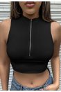 Kadın Siyah Yarım Fermuarlı Sıfır Kol Crop Top Bluz