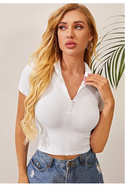 Kadın Beyaz Yarım Fermuarlı ve Kısa Kollu Crop Top Bluz