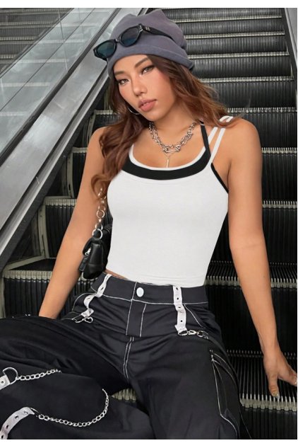 Kadın Siyah Beyaz Çift Renk Çapraz Askılı Crop Top Bluz