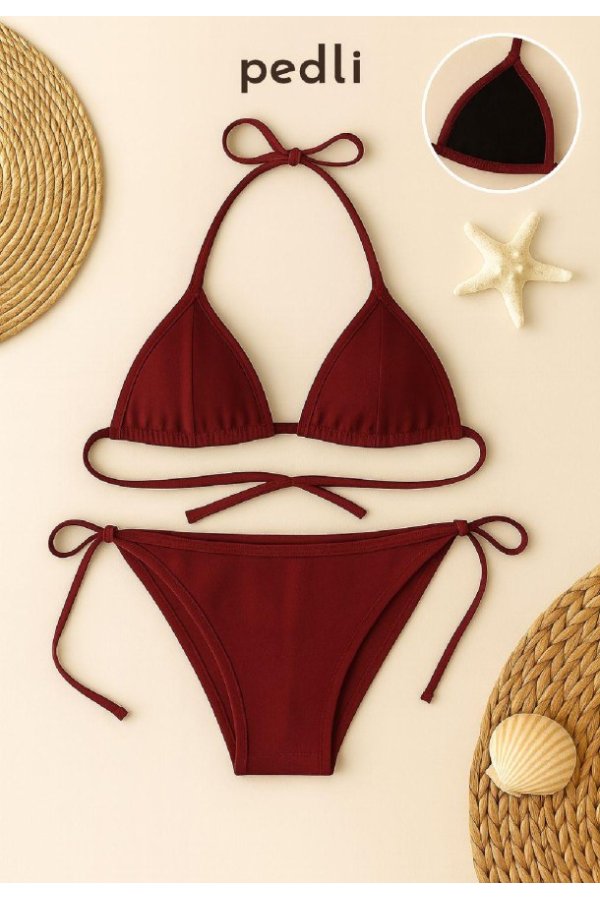 Kadın Bordo Yandan ve Boyundan Bağlamalı Bikini Mayo Takımı