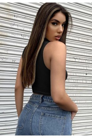 Kadın Siyah Yarım Fermuarlı Sıfır Kol Crop Top Bluz