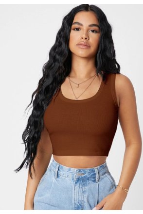 Kadın Kahverengi Kare Yaka Crop Top Bluz