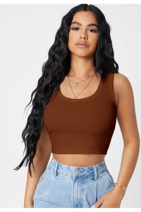 Kadın Kahverengi Kare Yaka Crop Top Bluz