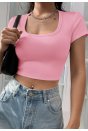 Kadın Pembe Yarım Kol Düz Yaka Crop Top Bluz