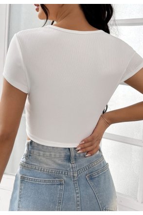 Kadın Beyaz Yarım Kol Düz Yaka Crop Top Bluz