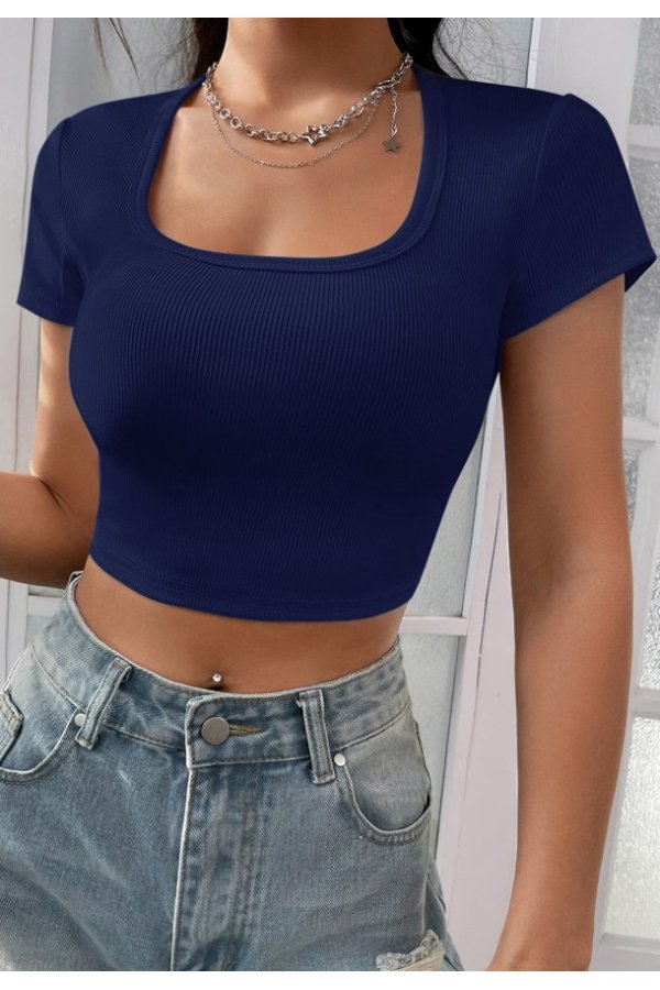 Kadın Lacivert Yarım Kol Düz Yaka Crop Top Bluz