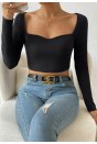 Kadın Siyah Uzun Kol Göğüs Dekolteli Şık Crop Top Bluz