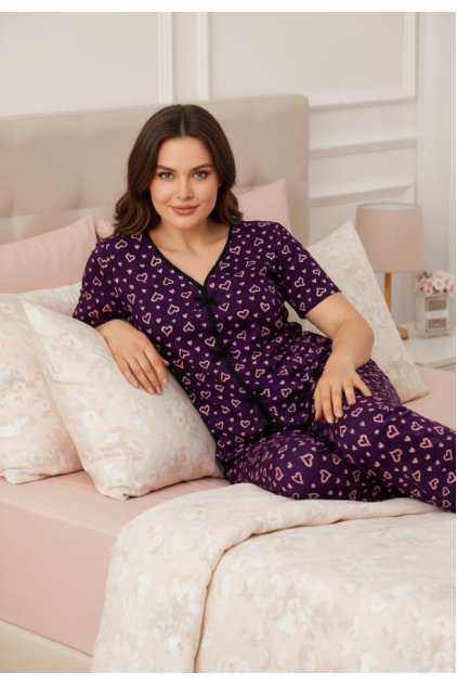 Kadın Mor Kalp Desenli Fiyonklu Kısa Kollu Uzun Pijama Takımı
