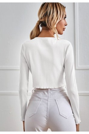 Kadın Beyaz Uzun Kollu Önden Bağlama Detaylı Crop Top Bluz