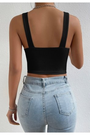 Kadın Siyah Kare Yaka Kalın Askılı Dekolteli Crop Top Bluz