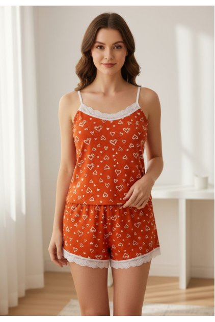 Kadın Turuncu Kalp Desenli Askılı Şortlu Dantelli Pijama Takımı