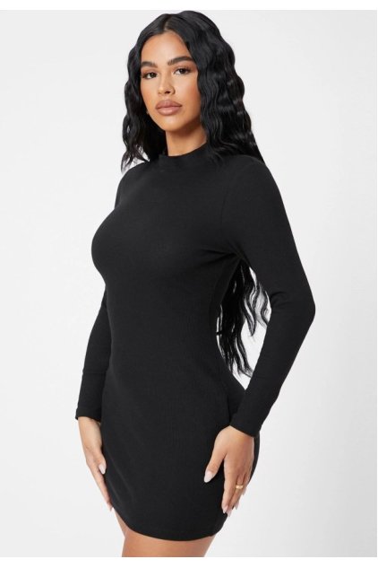 Kadın Siyah Kaşkorse Balıkçı Yaka Uzun Kollu Bodycon Mini Elbise