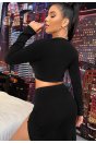 Kadın Siyah Uzun Kol Göğüs ve Göbek Dekolteli Fermuarlı Crop Top Bluz