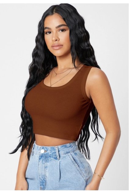 Kadın Kahverengi Kare Yaka Crop Top Bluz
